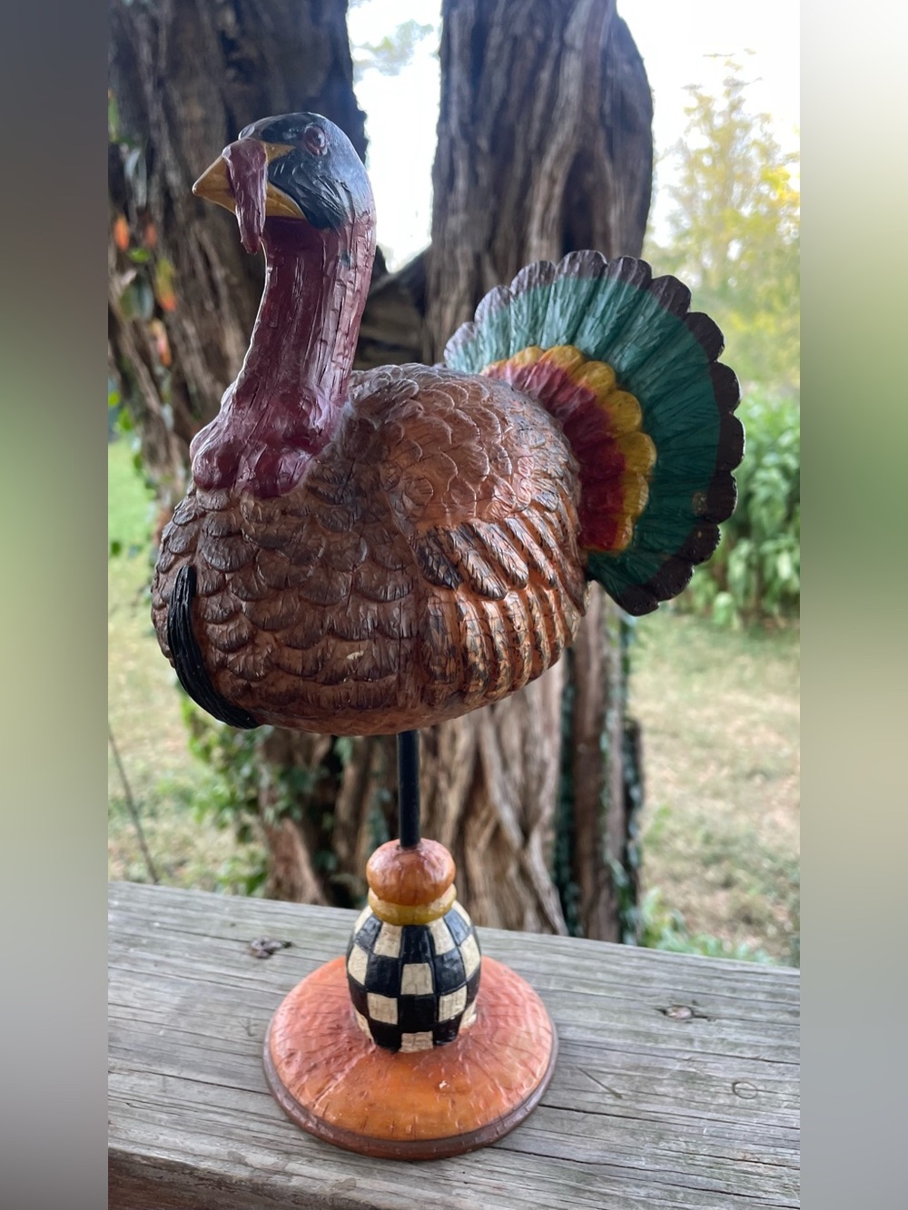 Hand-Painted Wooden Turkey Figurine with Colorful Fan Tail